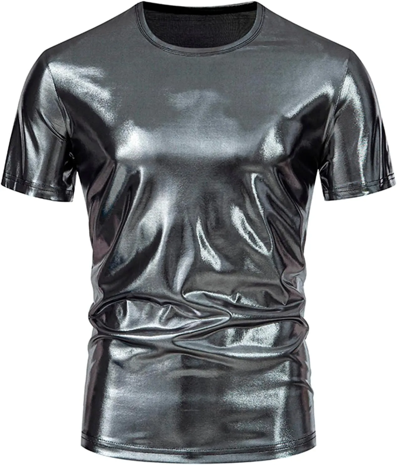 Uillui Mens Metallic T-Shirts 70s Gold/Sliver Shiny Shirts Disco Outfits Holographic Short Sleeve Party Clubwear Shirts
