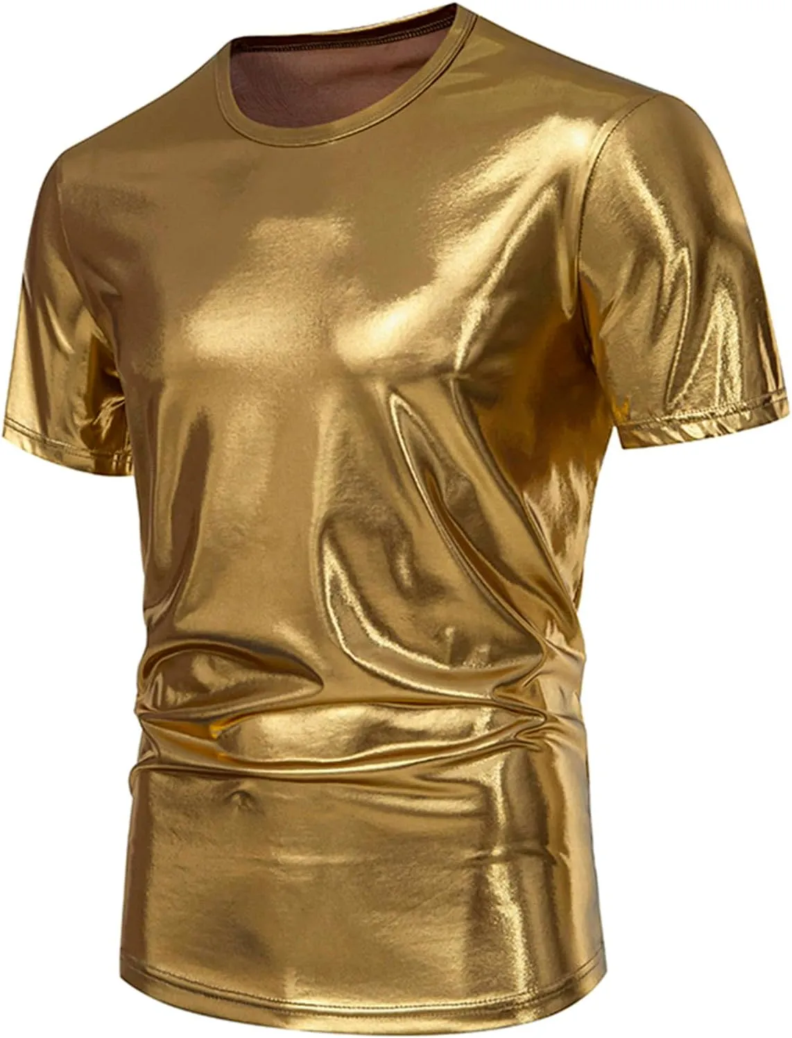 Uillui Mens Metallic T-Shirts 70s Gold/Sliver Shiny Shirts Disco Outfits Holographic Short Sleeve Party Clubwear Shirts