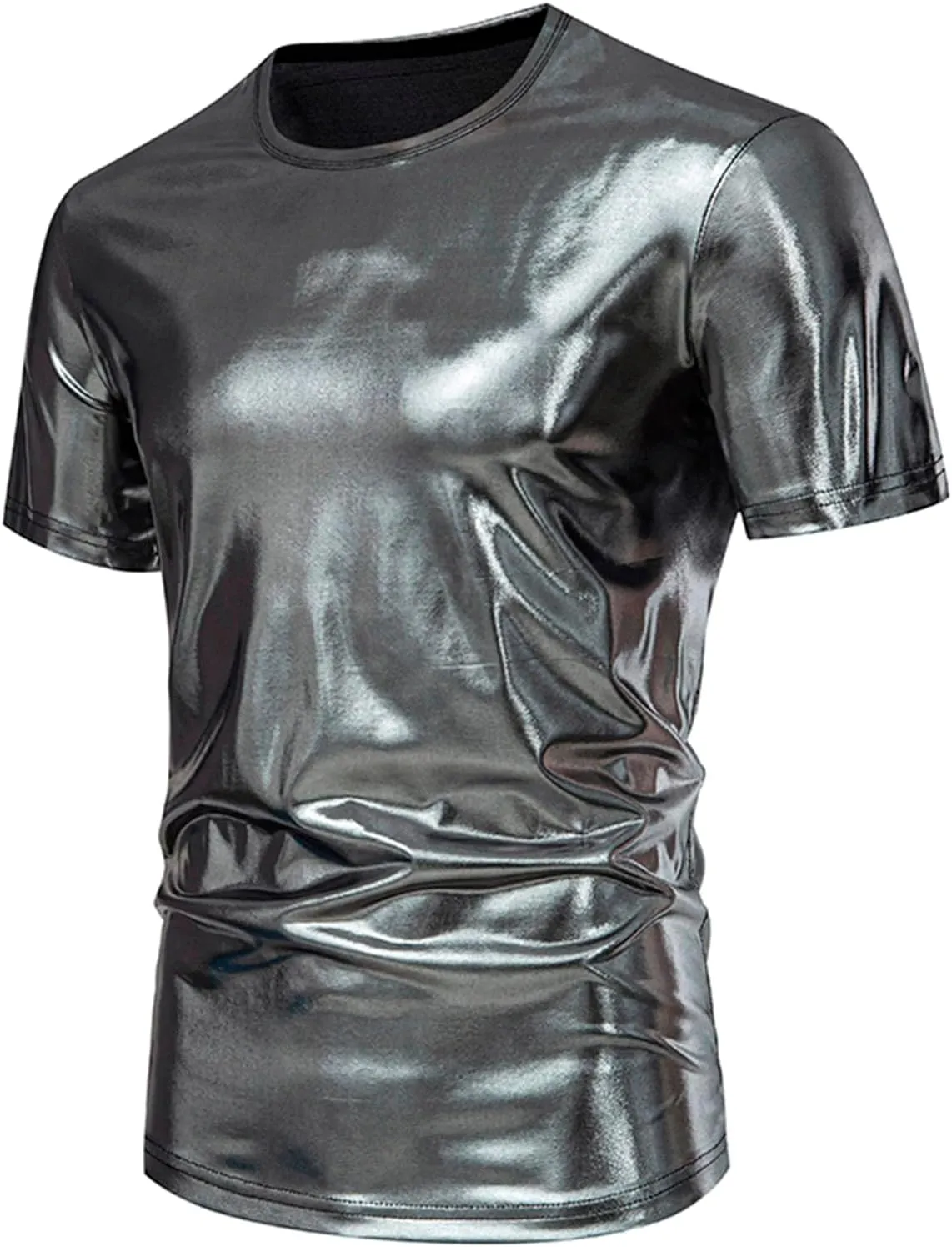 Uillui Mens Metallic T-Shirts 70s Gold/Sliver Shiny Shirts Disco Outfits Holographic Short Sleeve Party Clubwear Shirts