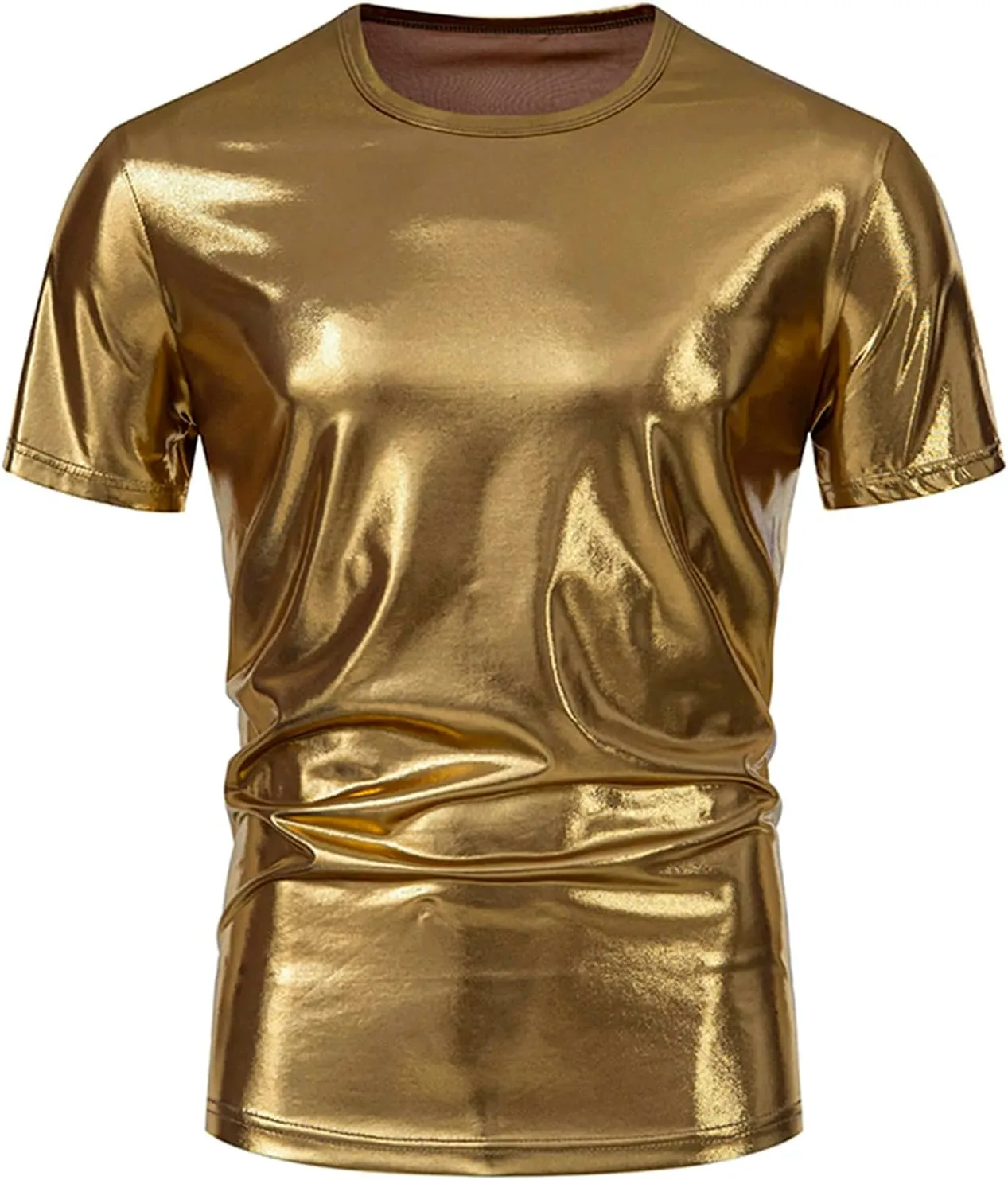 Uillui Mens Metallic T-Shirts 70s Gold/Sliver Shiny Shirts Disco Outfits Holographic Short Sleeve Party Clubwear Shirts