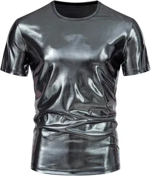 Uillui Mens Metallic T-Shirts 70s Gold/Sliver Shiny Shirts Disco Outfits Holographic Short Sleeve Party Clubwear Shirts