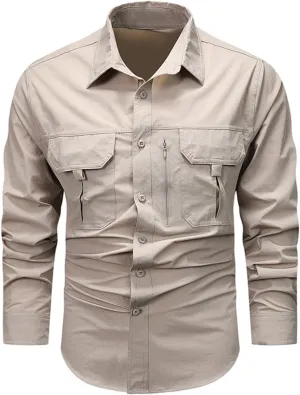 Uillui Men's Ripstop Military Work Fishing Shirts Button Down Long Sleeve Tactical Shirts Breathable Outdoor Hiking T-Shirts