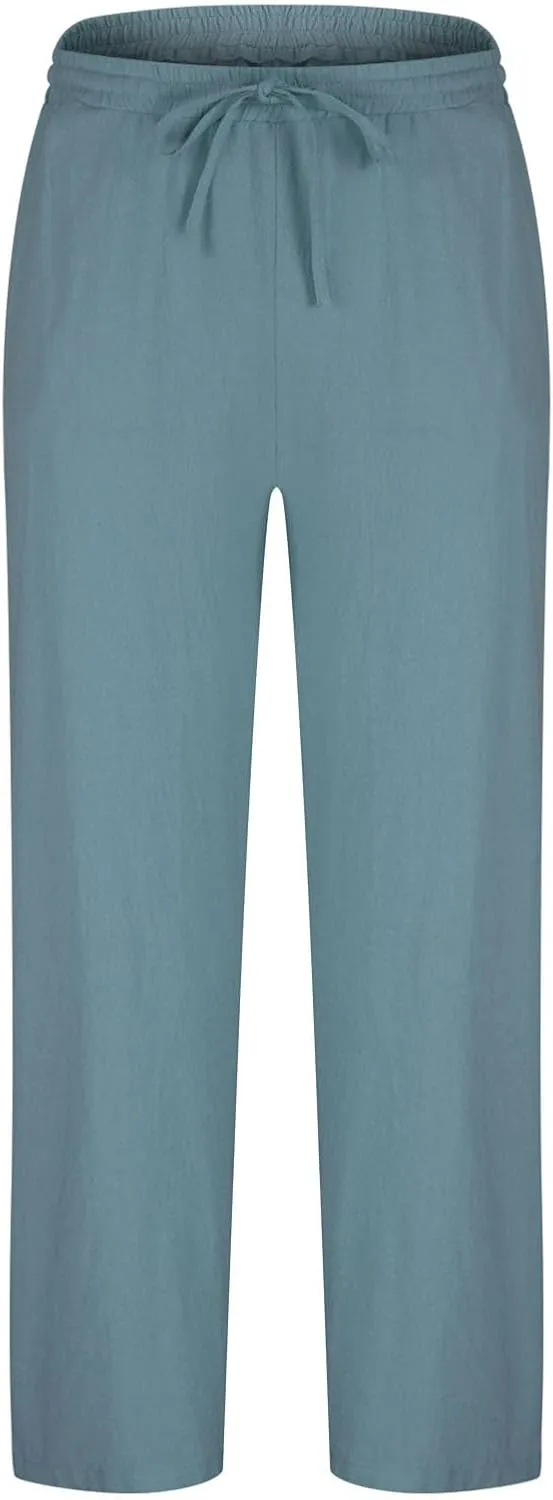 Vickyleb Men's Linen Pants Slim Fit Cotton Casual Lightweight Elastic Waist Summer Beach Loose Trousers with Pockets