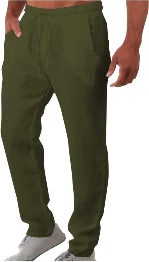 Vickyleb Men's Linen Pants Slim Fit Cotton Casual Lightweight Elastic Waist Summer Beach Loose Trousers with Pockets