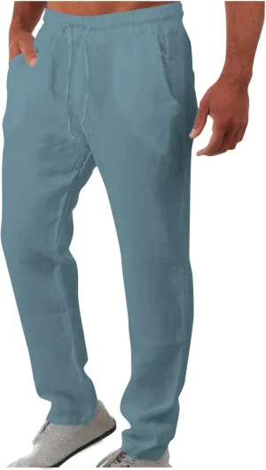 Vickyleb Men's Linen Pants Slim Fit Cotton Casual Lightweight Elastic Waist Summer Beach Loose Trousers with Pockets
