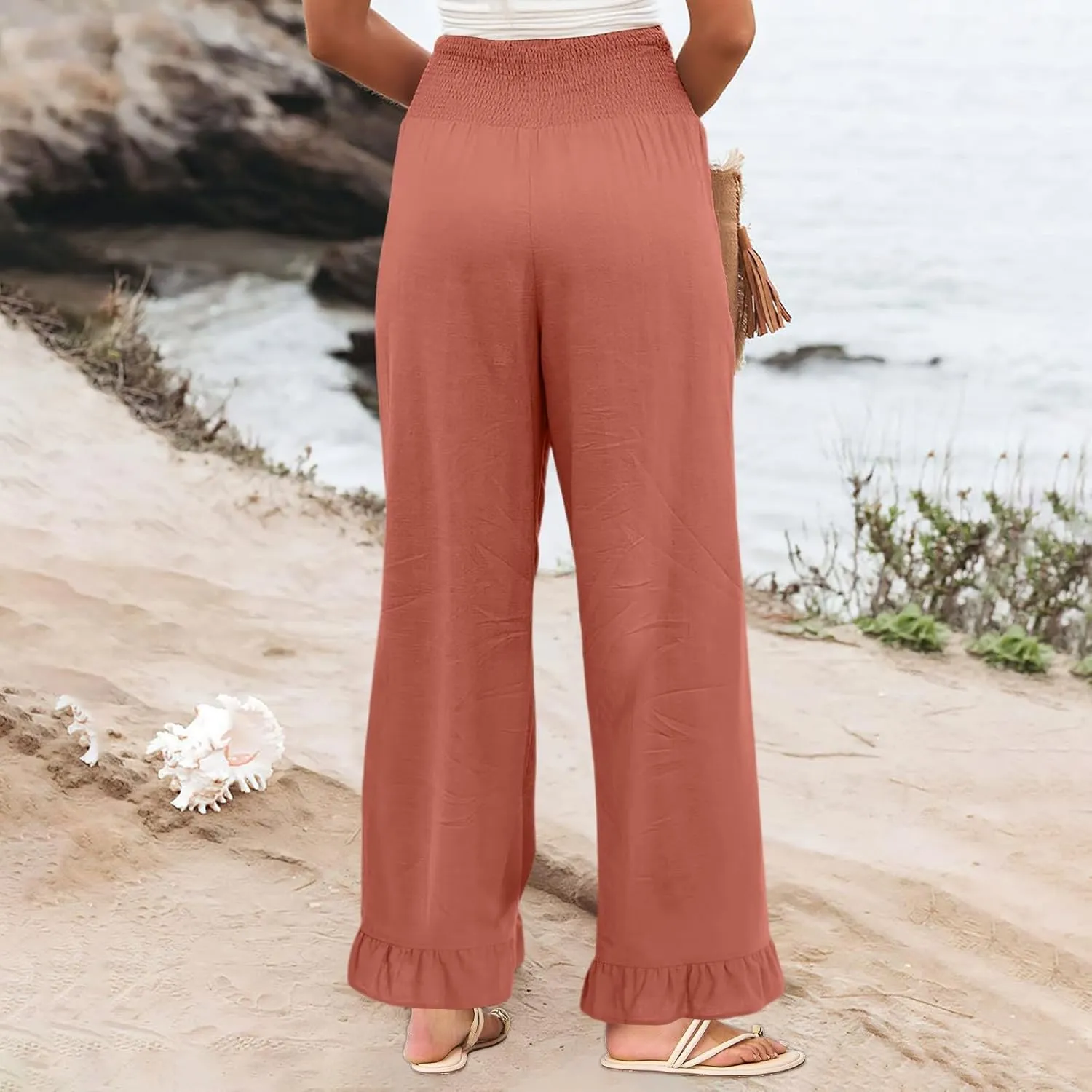 Wide Leg Linen Pants for Women Smocked Elastic High Waisted Ruffle Hem Palazzo Pants Casual Drawstring Beach Trousers