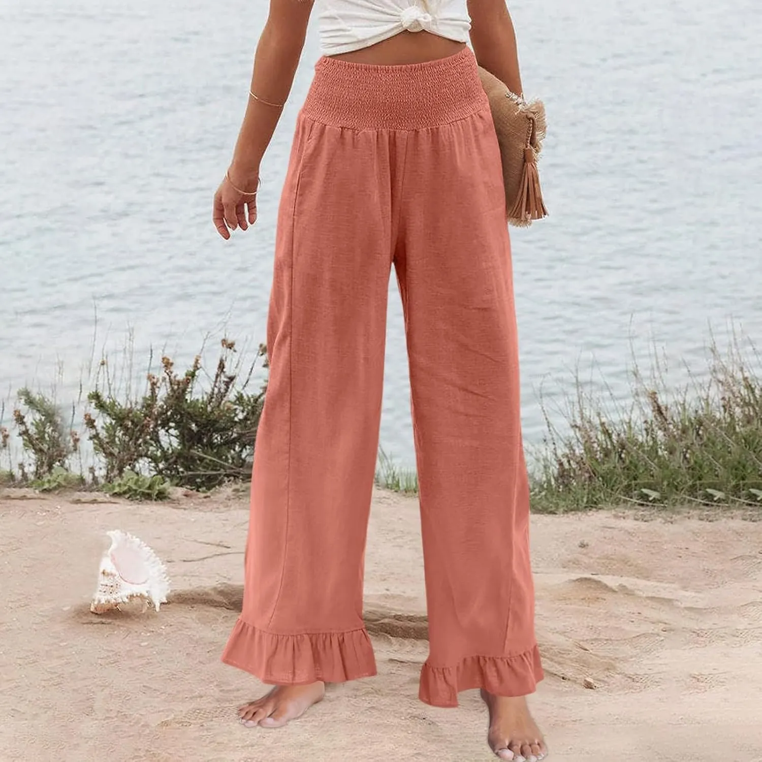 Wide Leg Linen Pants for Women Smocked Elastic High Waisted Ruffle Hem Palazzo Pants Casual Drawstring Beach Trousers