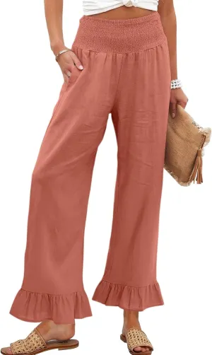 Wide Leg Linen Pants for Women Smocked Elastic High Waisted Ruffle Hem Palazzo Pants Casual Drawstring Beach Trousers