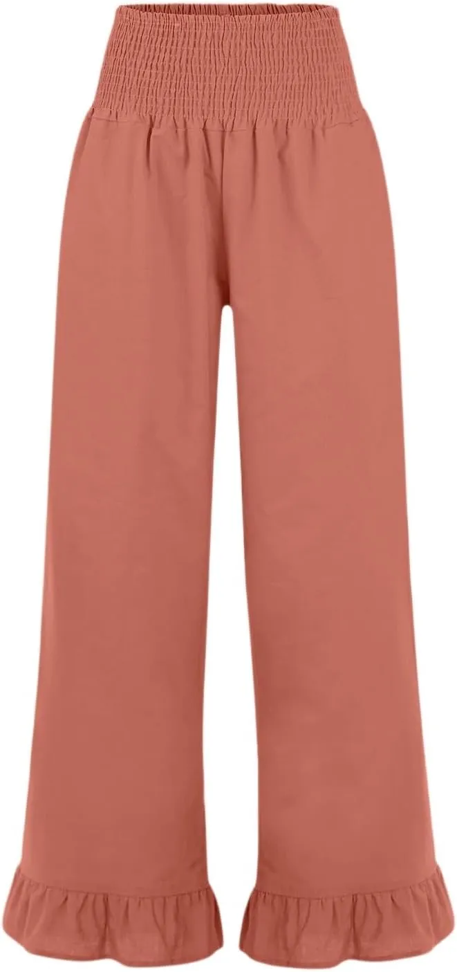 Wide Leg Linen Pants for Women Smocked Elastic High Waisted Ruffle Hem Palazzo Pants Casual Drawstring Beach Trousers