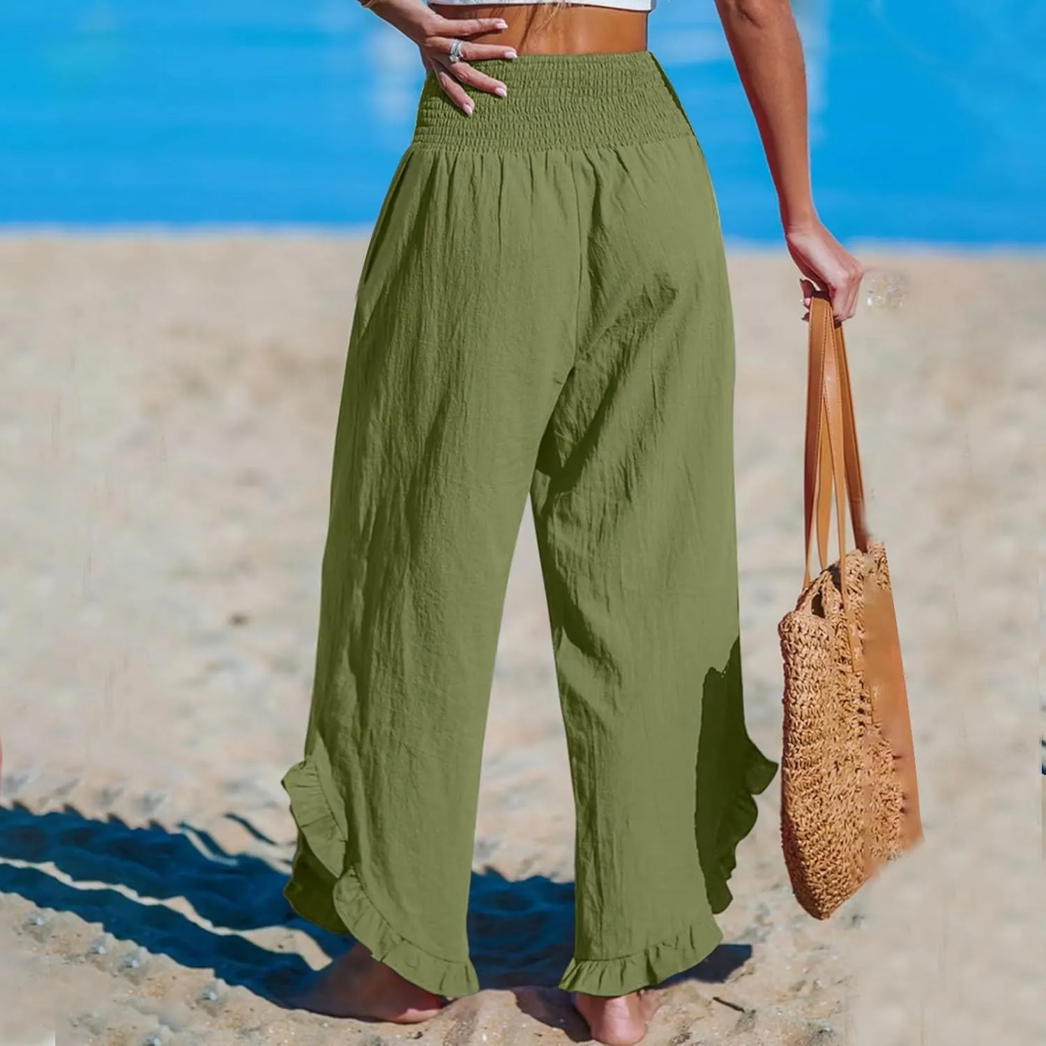 Wide Leg Linen Pants Womens Smocked High Waisted Ruffle Hem Palazzo Pants 2025 Summer Boho Beach Travel Vacation Pant