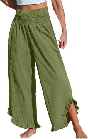 Wide Leg Linen Pants Womens Smocked High Waisted Ruffle Hem Palazzo Pants 2025 Summer Boho Beach Travel Vacation Pant