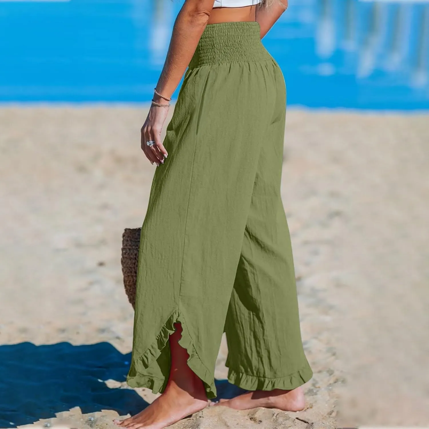 Wide Leg Linen Pants Womens Smocked High Waisted Ruffle Hem Palazzo Pants 2025 Summer Boho Beach Travel Vacation Pant