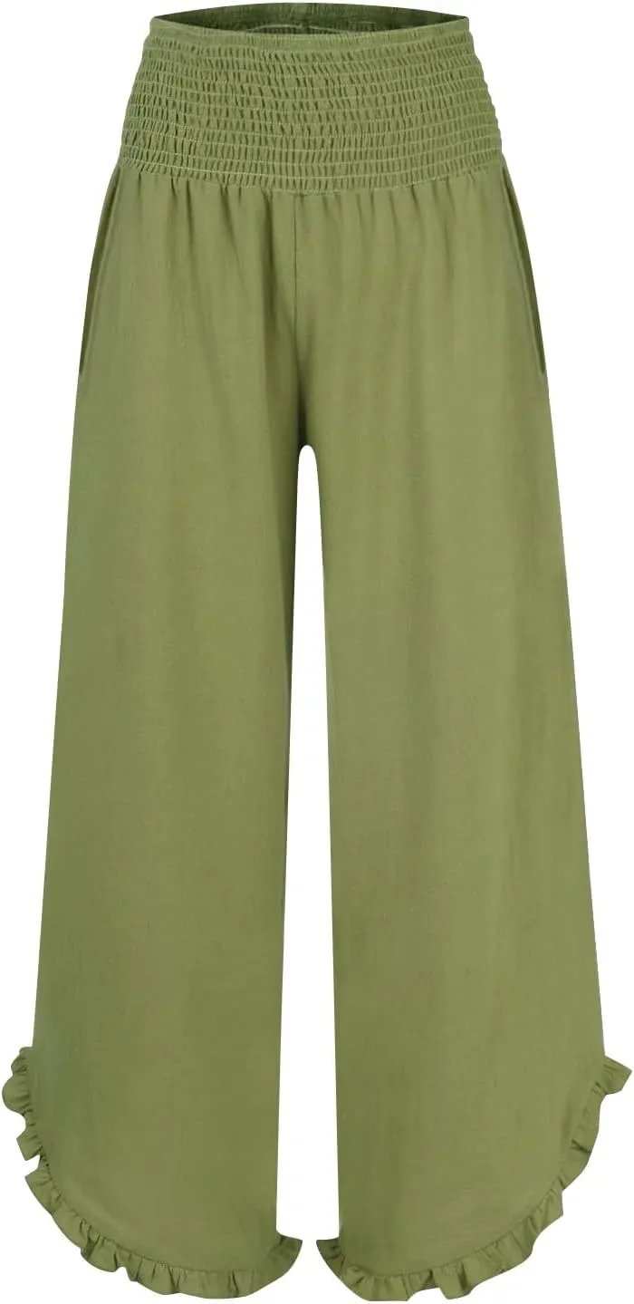 Wide Leg Linen Pants Womens Smocked High Waisted Ruffle Hem Palazzo Pants 2025 Summer Boho Beach Travel Vacation Pant