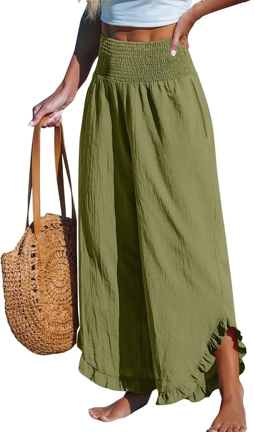Wide Leg Linen Pants Womens Smocked High Waisted Ruffle Hem Palazzo Pants 2025 Summer Boho Beach Travel Vacation Pant