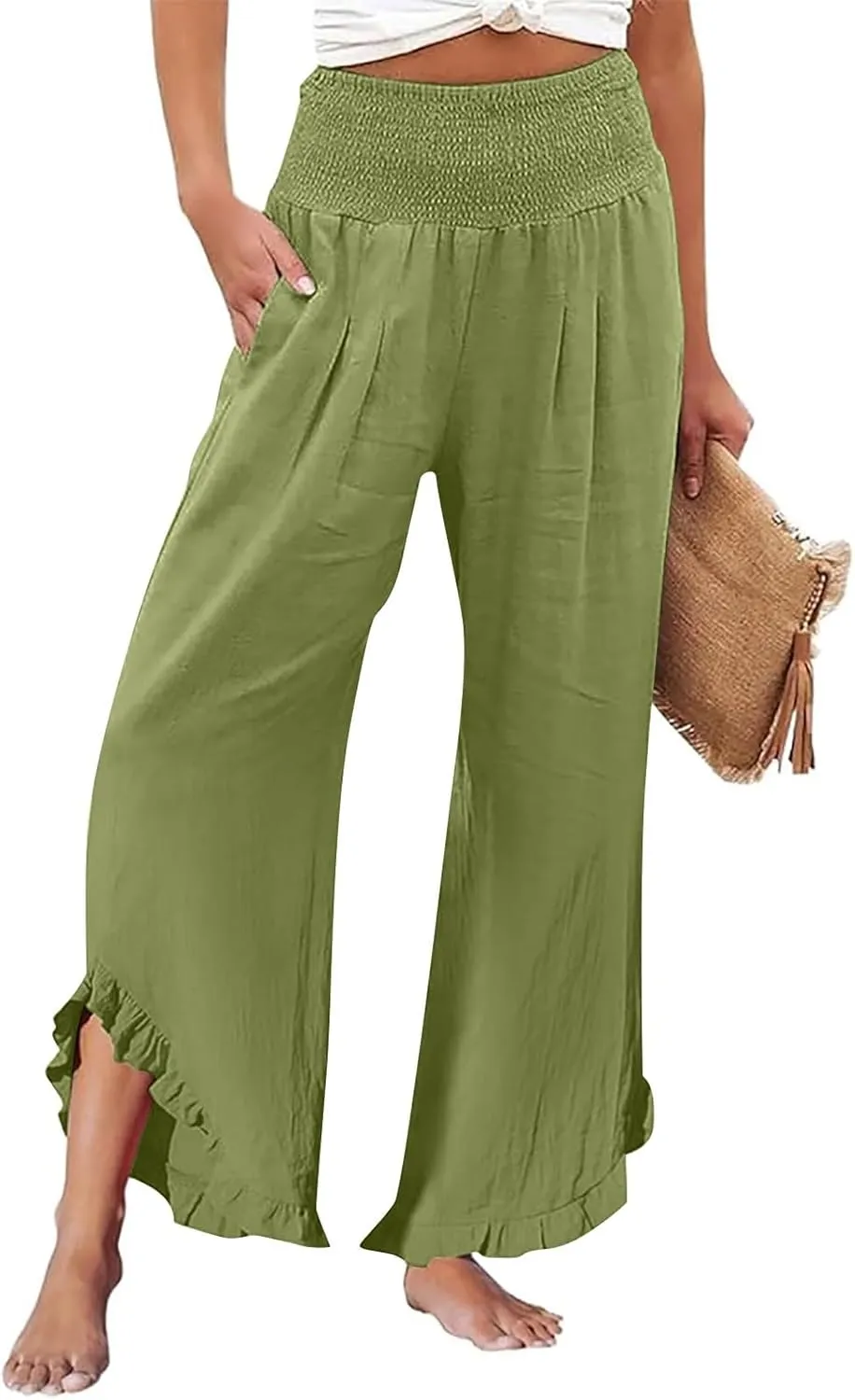 Wide Leg Linen Pants Womens Smocked High Waisted Ruffle Hem Palazzo Pants 2025 Summer Boho Beach Travel Vacation Pant