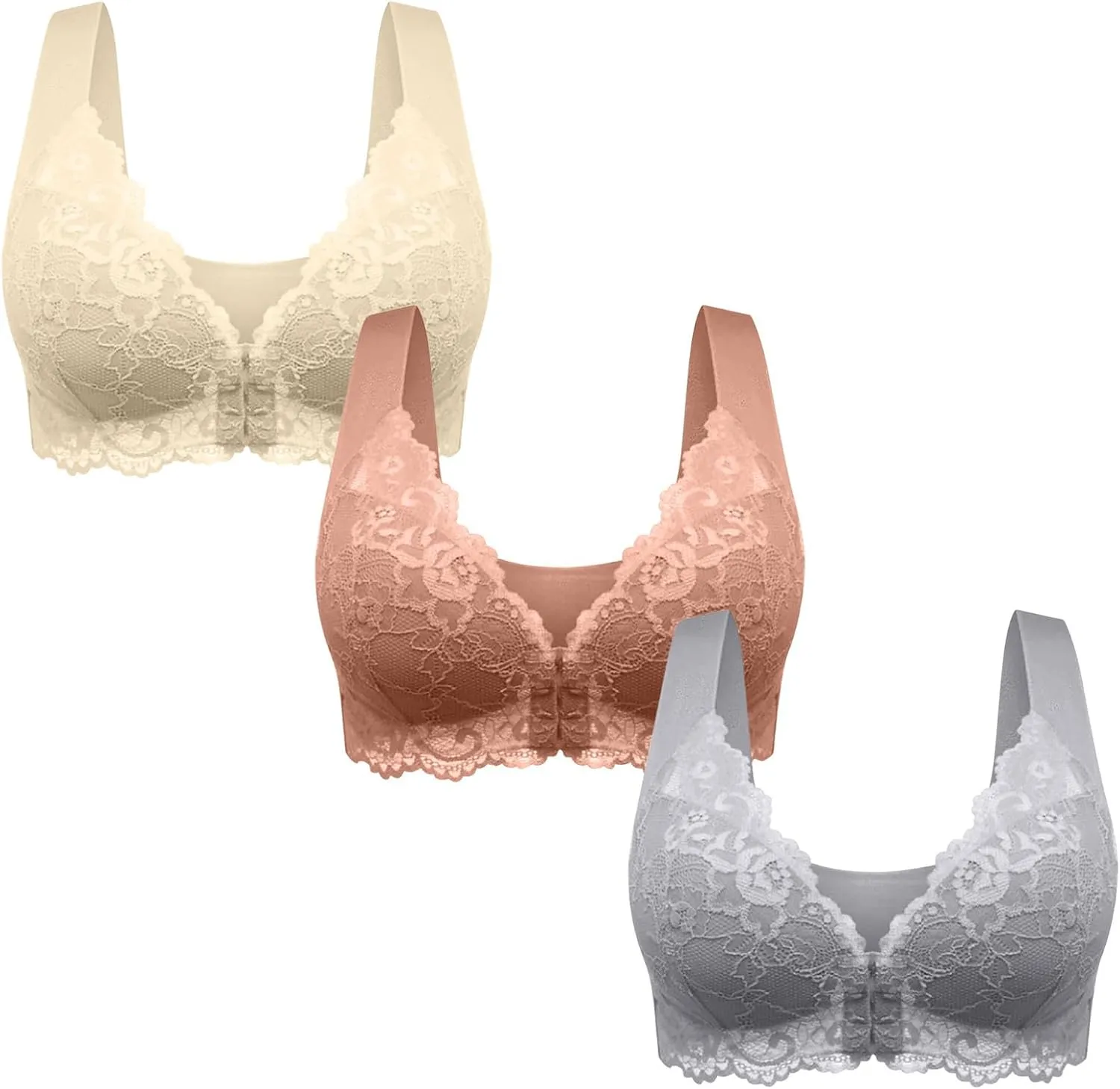Women 3 Pack Front Closure Post Surgery Compression Everyday Bras for Mastectomy Support with Floral Lace Wirefree