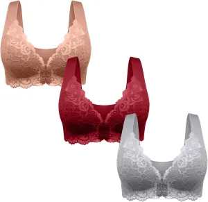 Women 3 Pack Front Closure Post Surgery Compression Everyday Bras for Mastectomy Support with Floral Lace Wirefree