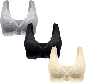 Women 3 Pack Front Closure Post Surgery Compression Everyday Bras for Mastectomy Support with Floral Lace Wirefree
