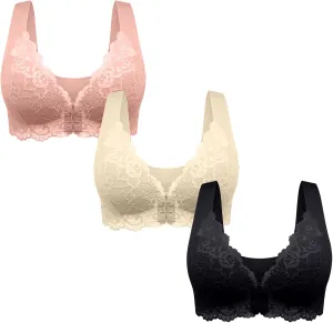 Women 3 Pack Front Closure Post Surgery Compression Everyday Bras for Mastectomy Support with Floral Lace Wirefree
