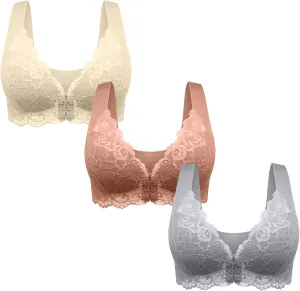 Women 3 Pack Front Closure Post Surgery Compression Everyday Bras for Mastectomy Support with Floral Lace Wirefree