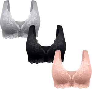 Women 3 Pack Front Closure Post Surgery Compression Everyday Bras for Mastectomy Support with Floral Lace Wirefree