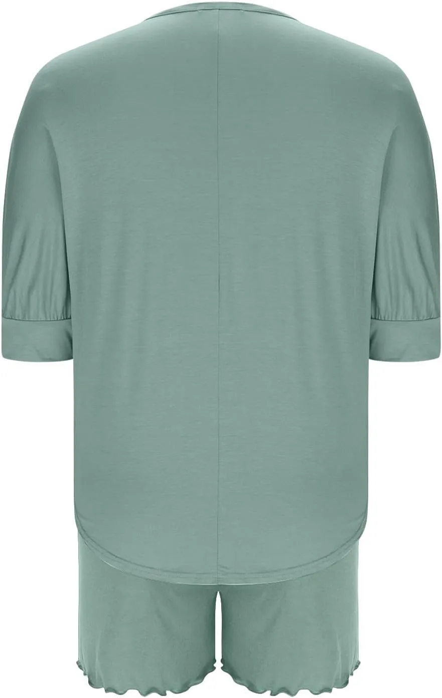 Women 3/4 Sleeve Pajamas Set Modal Cotton 2 Piece Outfit Sleepwear V Neck T-Shirt and Lettuce Trim Shorts Homewear