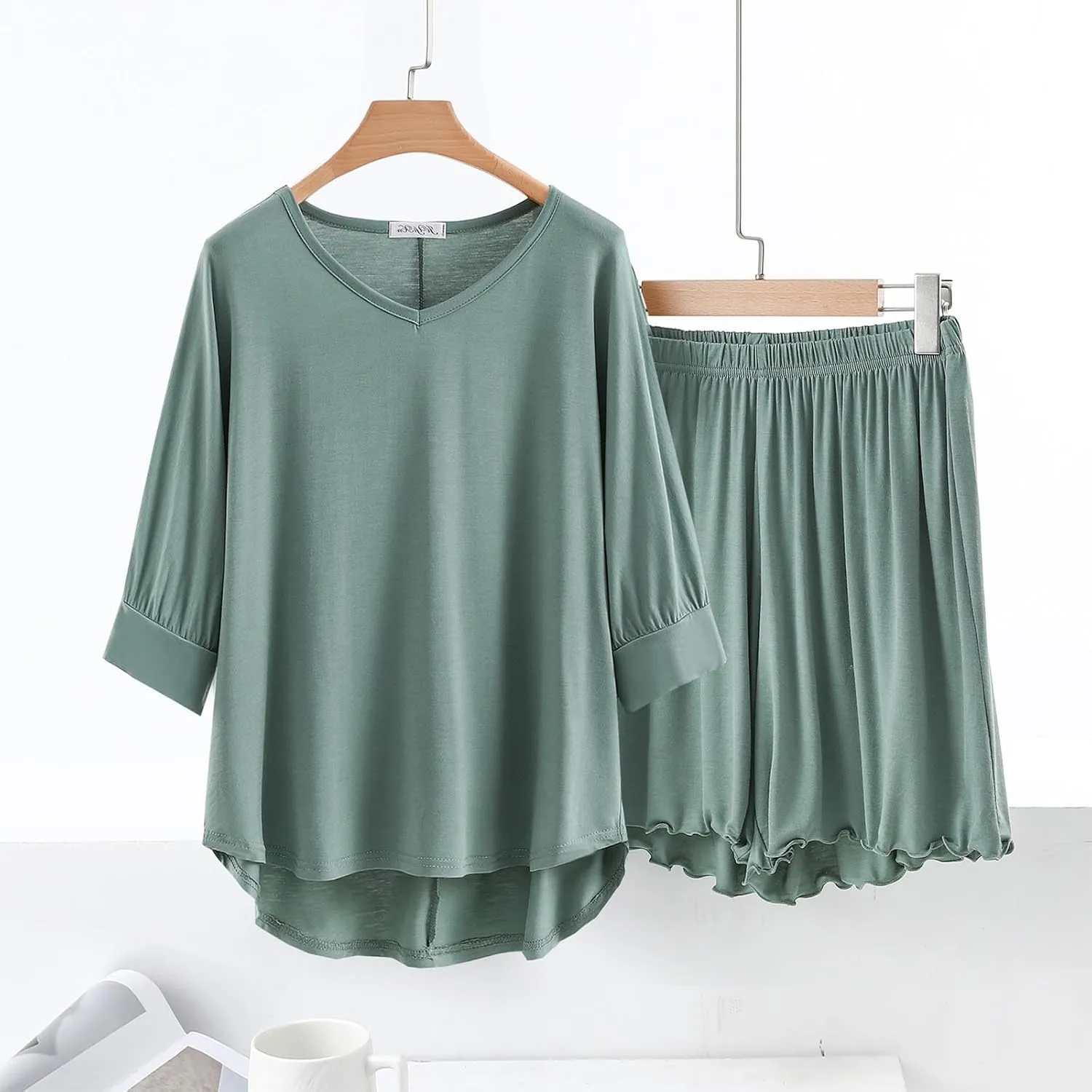 Women 3/4 Sleeve Pajamas Set Modal Cotton 2 Piece Outfit Sleepwear V Neck T-Shirt and Lettuce Trim Shorts Homewear