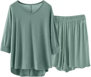 Women 3/4 Sleeve Pajamas Set Modal Cotton 2 Piece Outfit Sleepwear V Neck T-Shirt and Lettuce Trim Shorts Homewear