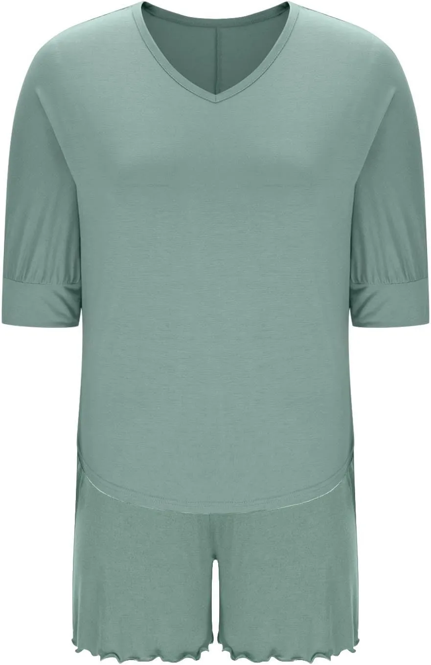 Women 3/4 Sleeve Pajamas Set Modal Cotton 2 Piece Outfit Sleepwear V Neck T-Shirt and Lettuce Trim Shorts Homewear