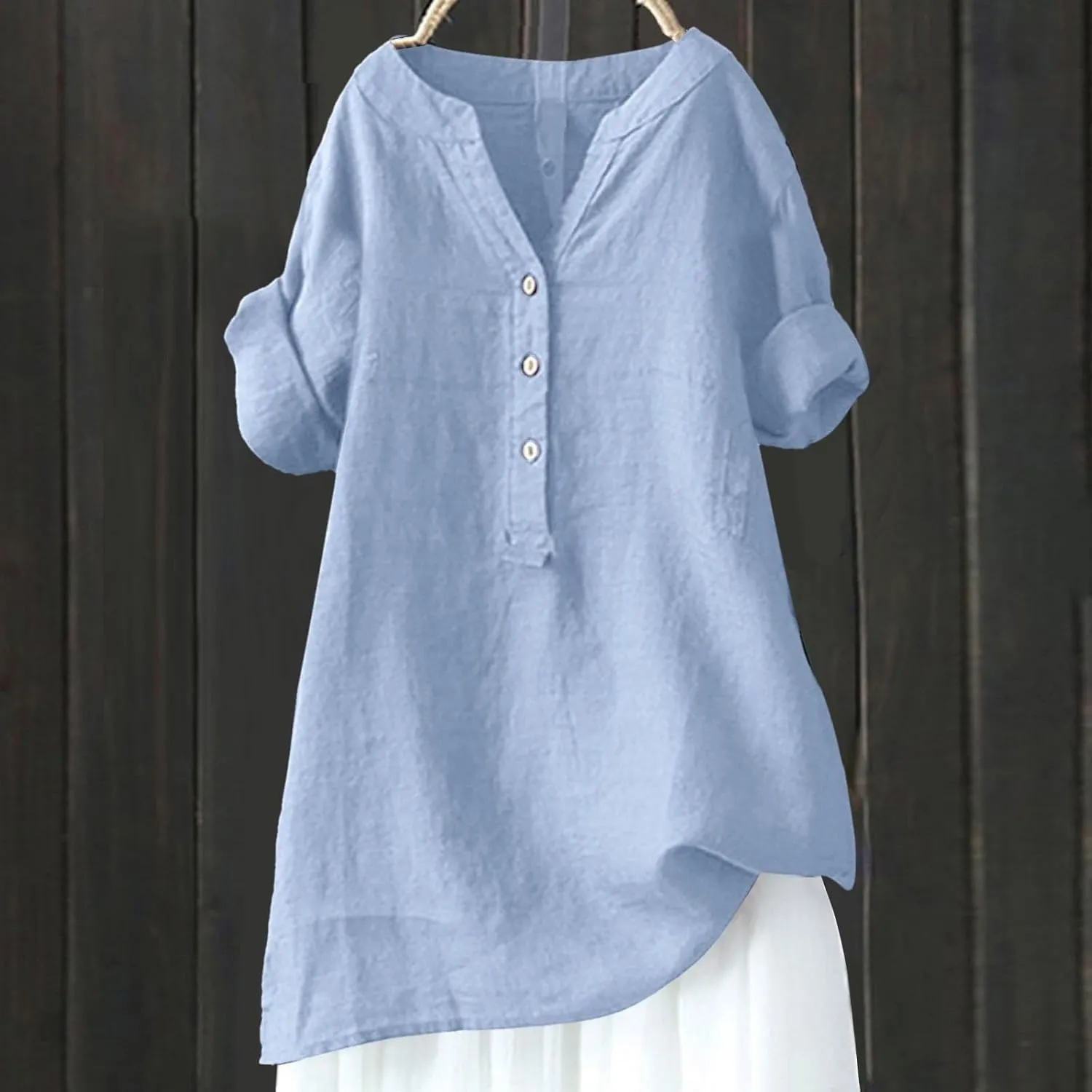 Women Button Up Shirt V Neck Short Sleeve Linen Summer Casual Work Blouse Top Loose Fit Tee Shirt