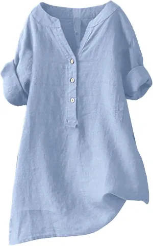 Women Button Up Shirt V Neck Short Sleeve Linen Summer Casual Work Blouse Top Loose Fit Tee Shirt