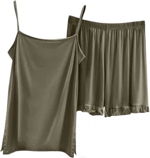 Women Cami Tops Pajama Set Women 2 Piece Modal Cotton Sleepwear with Cute Ruffle Hem Wide Leg Shorts Soft Homewear