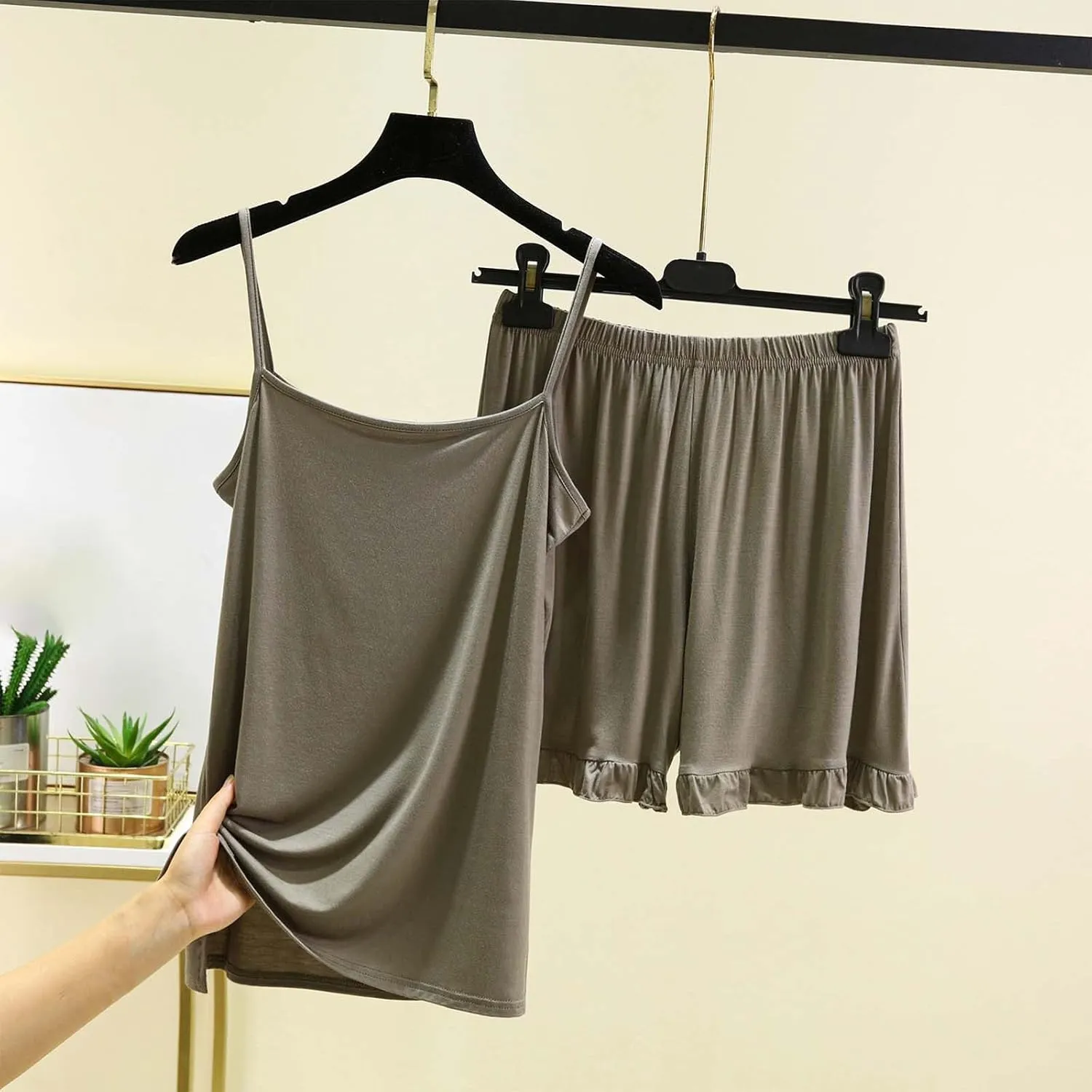 Women Cami Tops Pajama Set Women 2 Piece Modal Cotton Sleepwear with Cute Ruffle Hem Wide Leg Shorts Soft Homewear