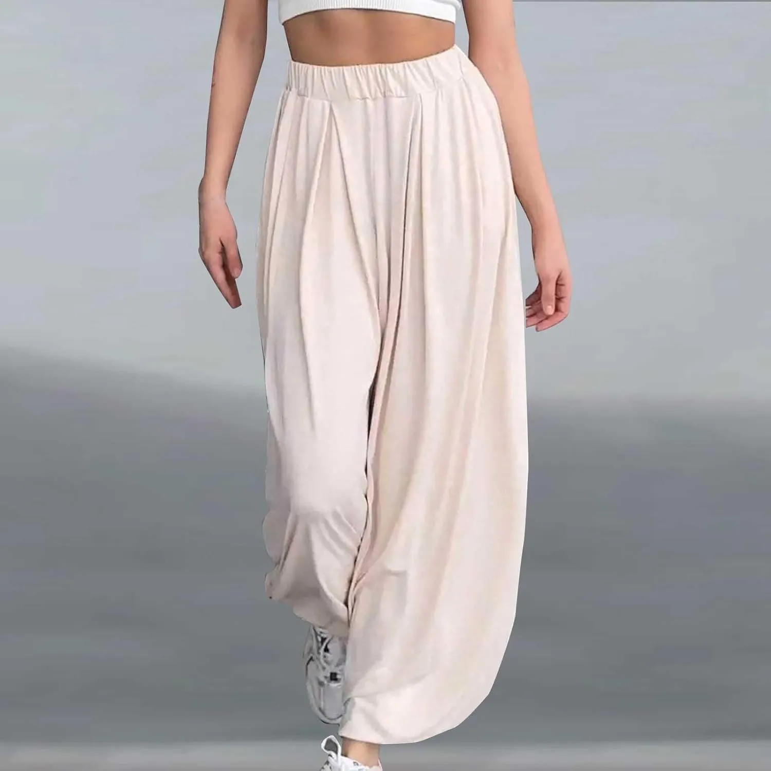 Women Elastic Waist Drawstring Harem Pants Casual Wide Leg Ankle Length Yoga Pants with Side Pockets Lightweight Pants