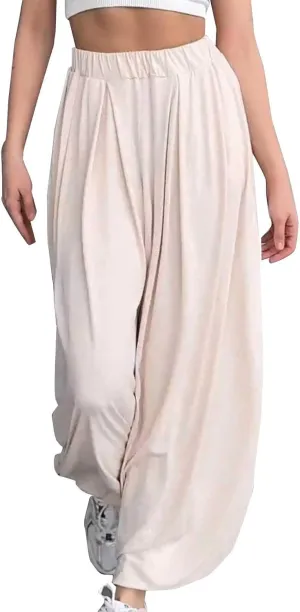 Women Elastic Waist Drawstring Harem Pants Casual Wide Leg Ankle Length Yoga Pants with Side Pockets Lightweight Pants