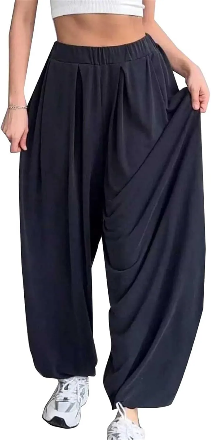 Women Elastic Waist Drawstring Harem Pants Casual Wide Leg Ankle Length Yoga Pants with Side Pockets Lightweight Pants