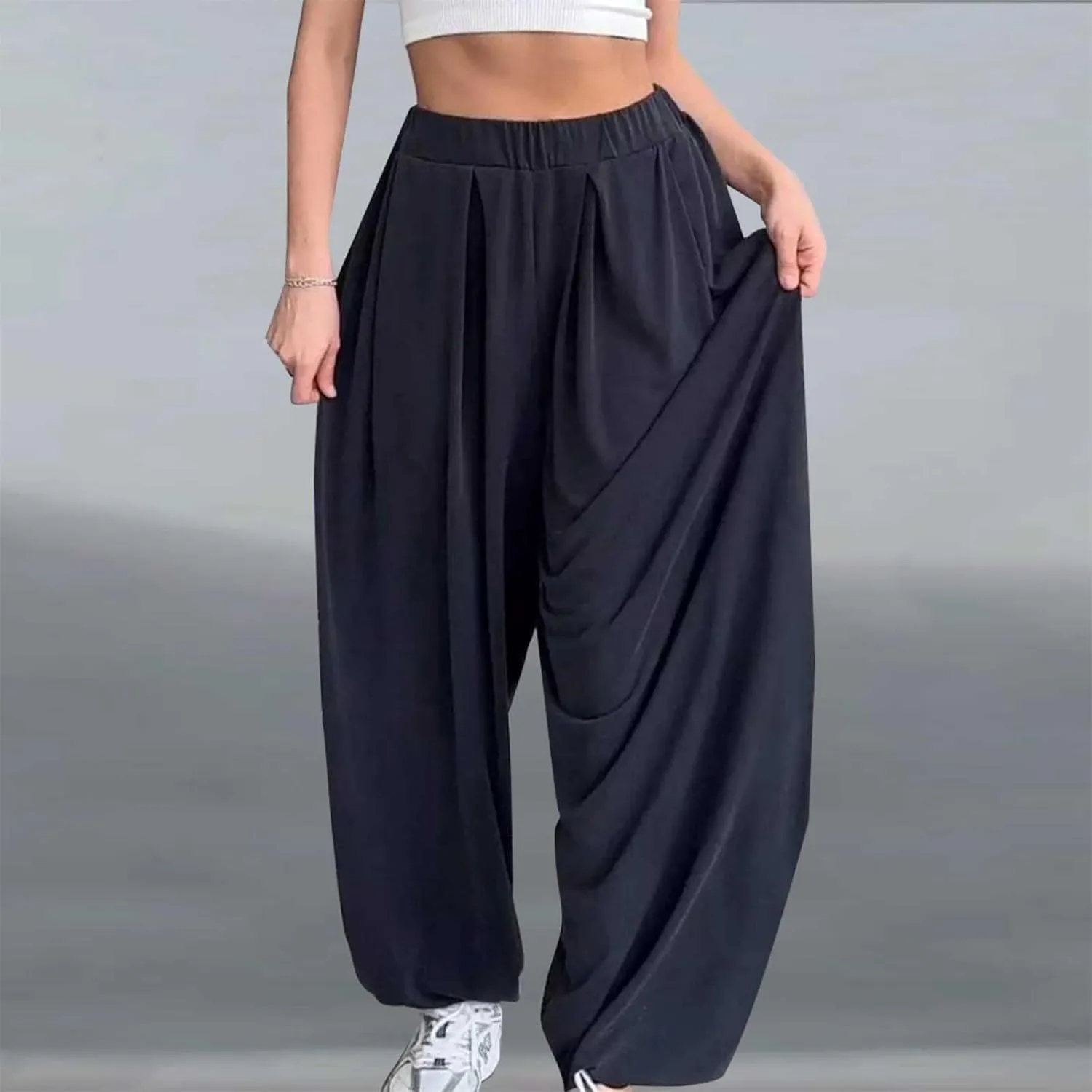 Women Elastic Waist Drawstring Harem Pants Casual Wide Leg Ankle Length Yoga Pants with Side Pockets Lightweight Pants