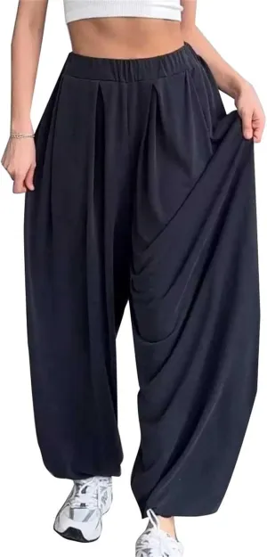 Women Elastic Waist Drawstring Harem Pants Casual Wide Leg Ankle Length Yoga Pants with Side Pockets Lightweight Pants