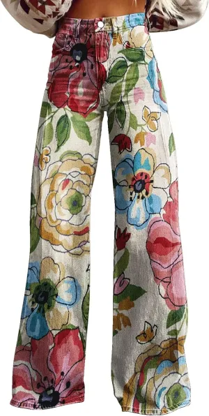 Women Elastic Waist Pants Vintage Flower Printed Pants Halloween Loose Fit Trousers with Pocket Straight Trousers Party
