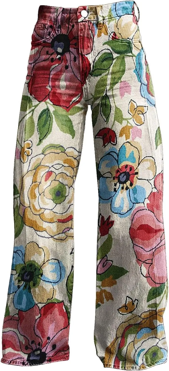 Women Elastic Waist Pants Vintage Flower Printed Pants Halloween Loose Fit Trousers with Pocket Straight Trousers Party