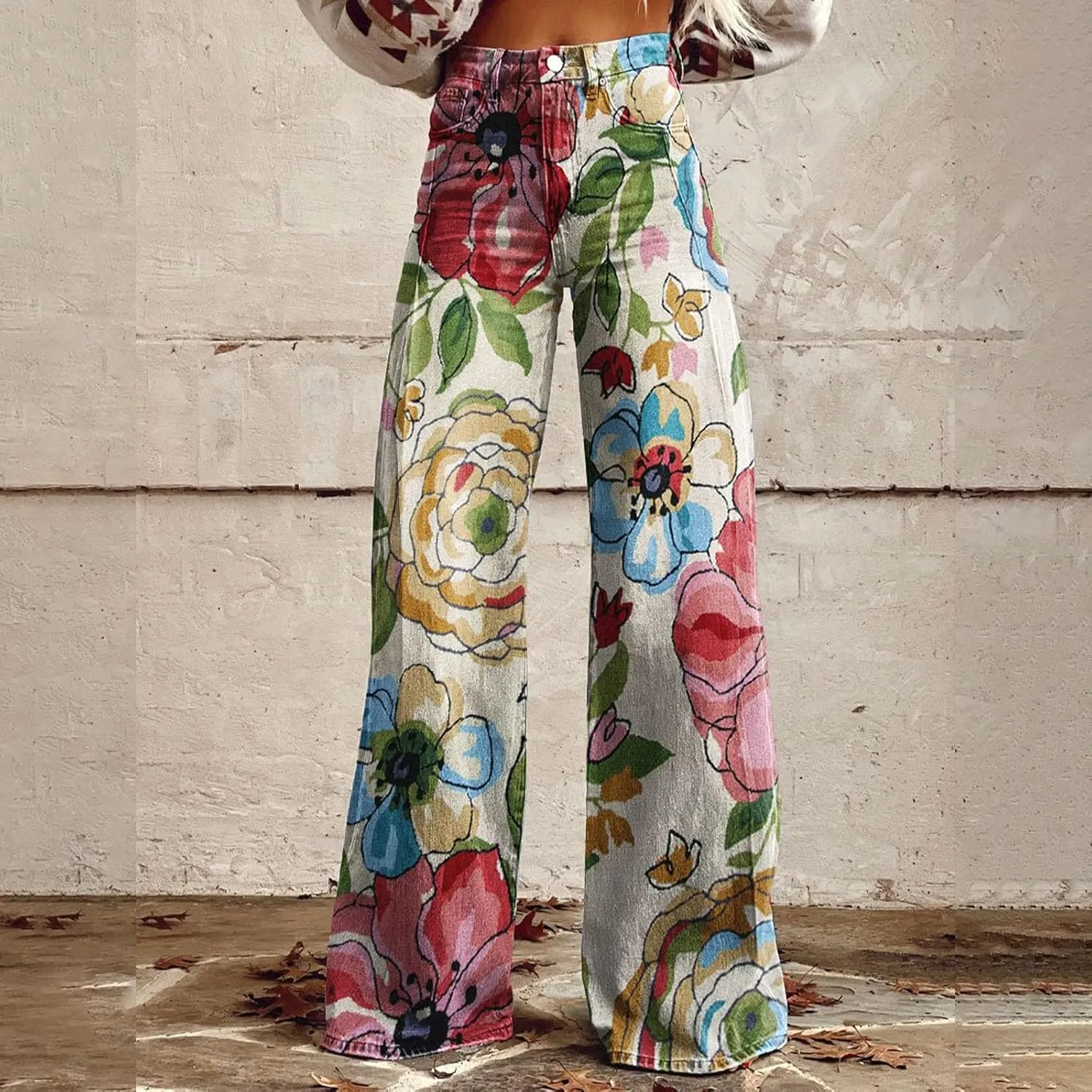Women Elastic Waist Pants Vintage Flower Printed Pants Halloween Loose Fit Trousers with Pocket Straight Trousers Party