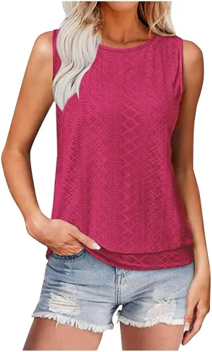 Women Eyelet Blouson Tank Tops Crewneck Dressy Casual Camisole Summer Loose Sleeveless Blouses Shirts