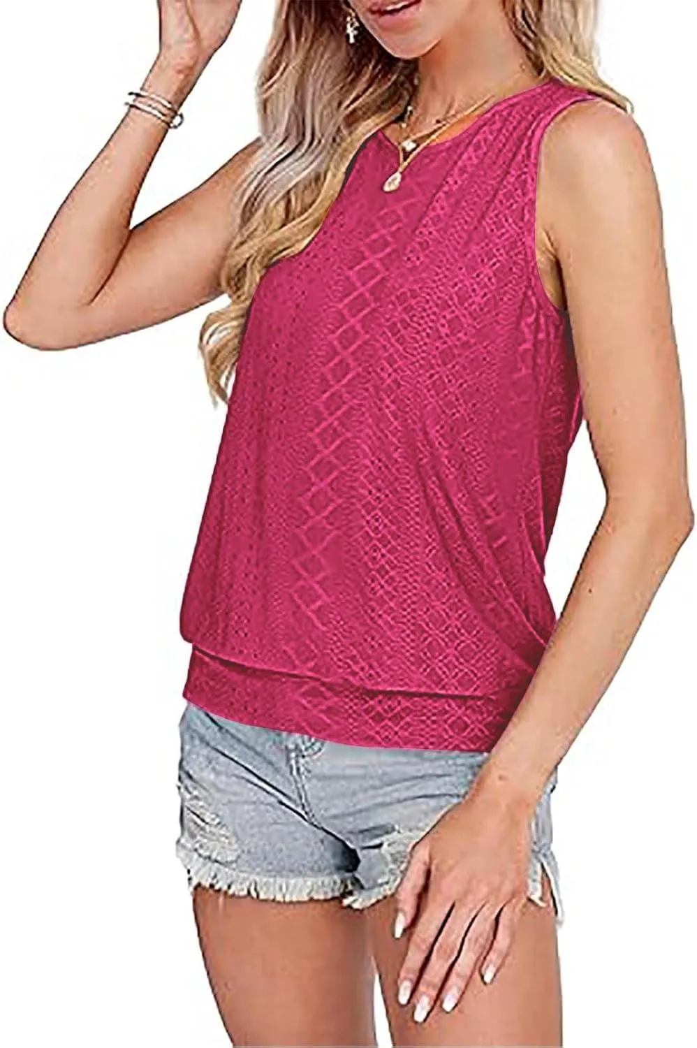 Women Eyelet Blouson Tank Tops Crewneck Dressy Casual Camisole Summer Loose Sleeveless Blouses Shirts
