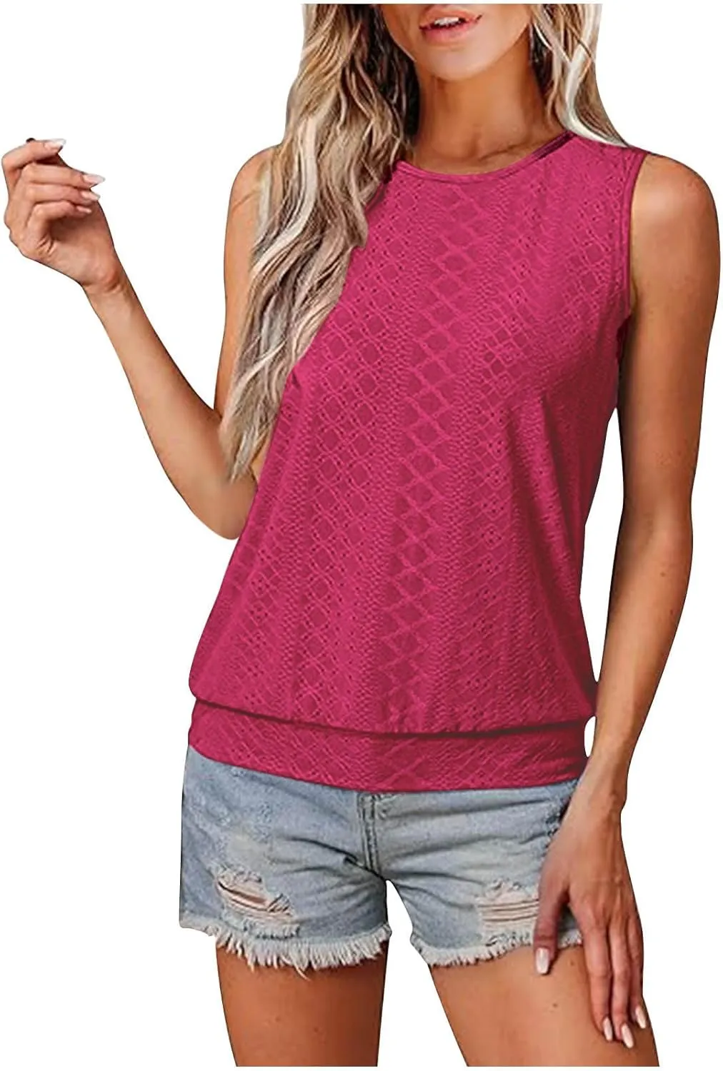 Women Eyelet Blouson Tank Tops Crewneck Dressy Casual Camisole Summer Loose Sleeveless Blouses Shirts