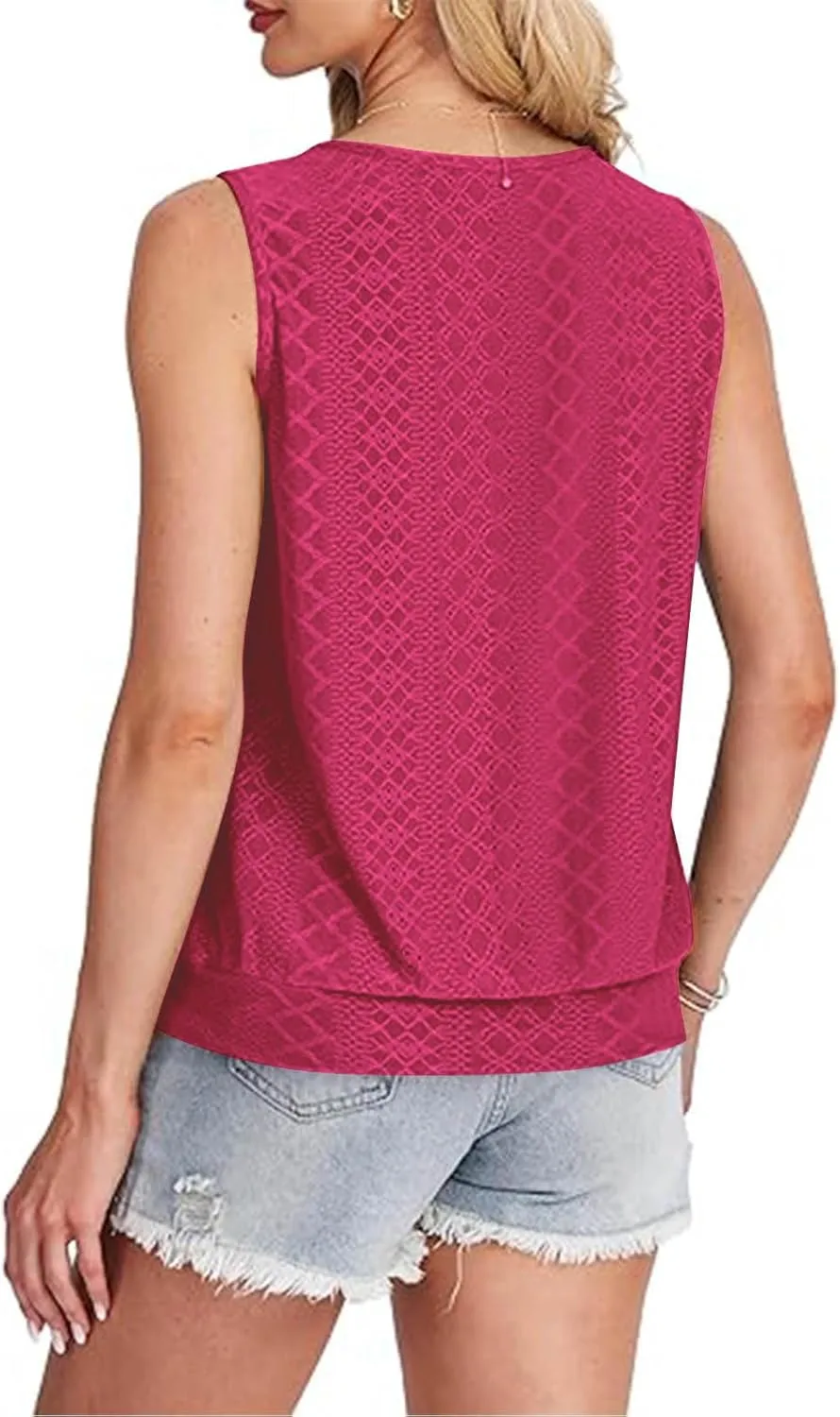 Women Eyelet Blouson Tank Tops Crewneck Dressy Casual Camisole Summer Loose Sleeveless Blouses Shirts