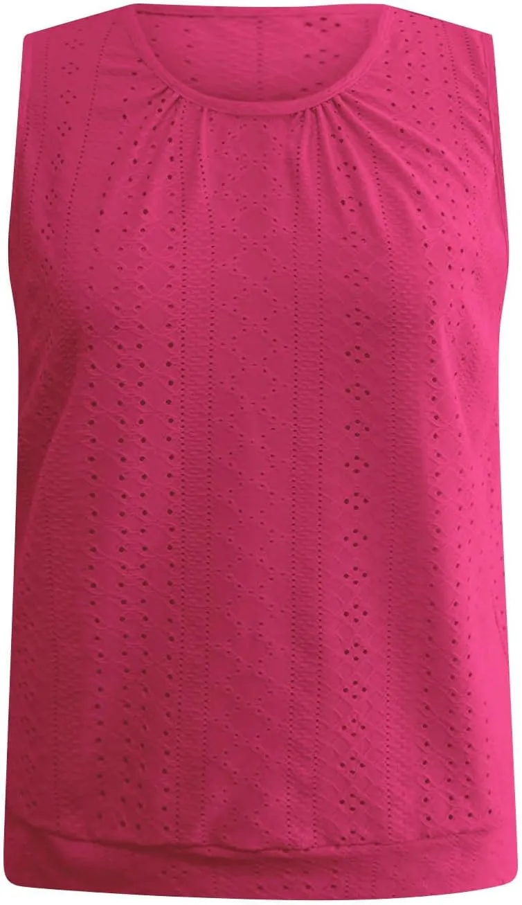 Women Eyelet Blouson Tank Tops Crewneck Dressy Casual Camisole Summer Loose Sleeveless Blouses Shirts
