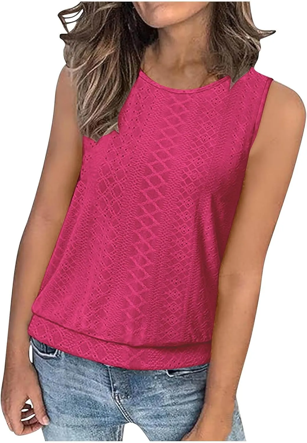 Women Eyelet Blouson Tank Tops Crewneck Dressy Casual Camisole Summer Loose Sleeveless Blouses Shirts