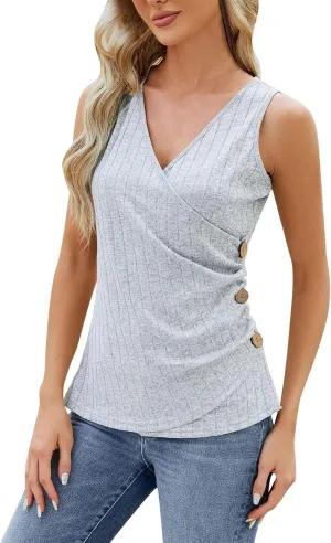 Women Fashion Casual Sleeveless Solid Color Top Shirt Vest V Neck Tanks 4th