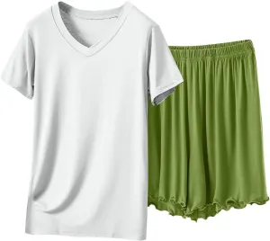 Women Lettuce Trim Shorts Pajamas Set Modal Cotton 2 Piece Sleepwear with Short Sleeve V Neck T-Shirt Comfy Homewear