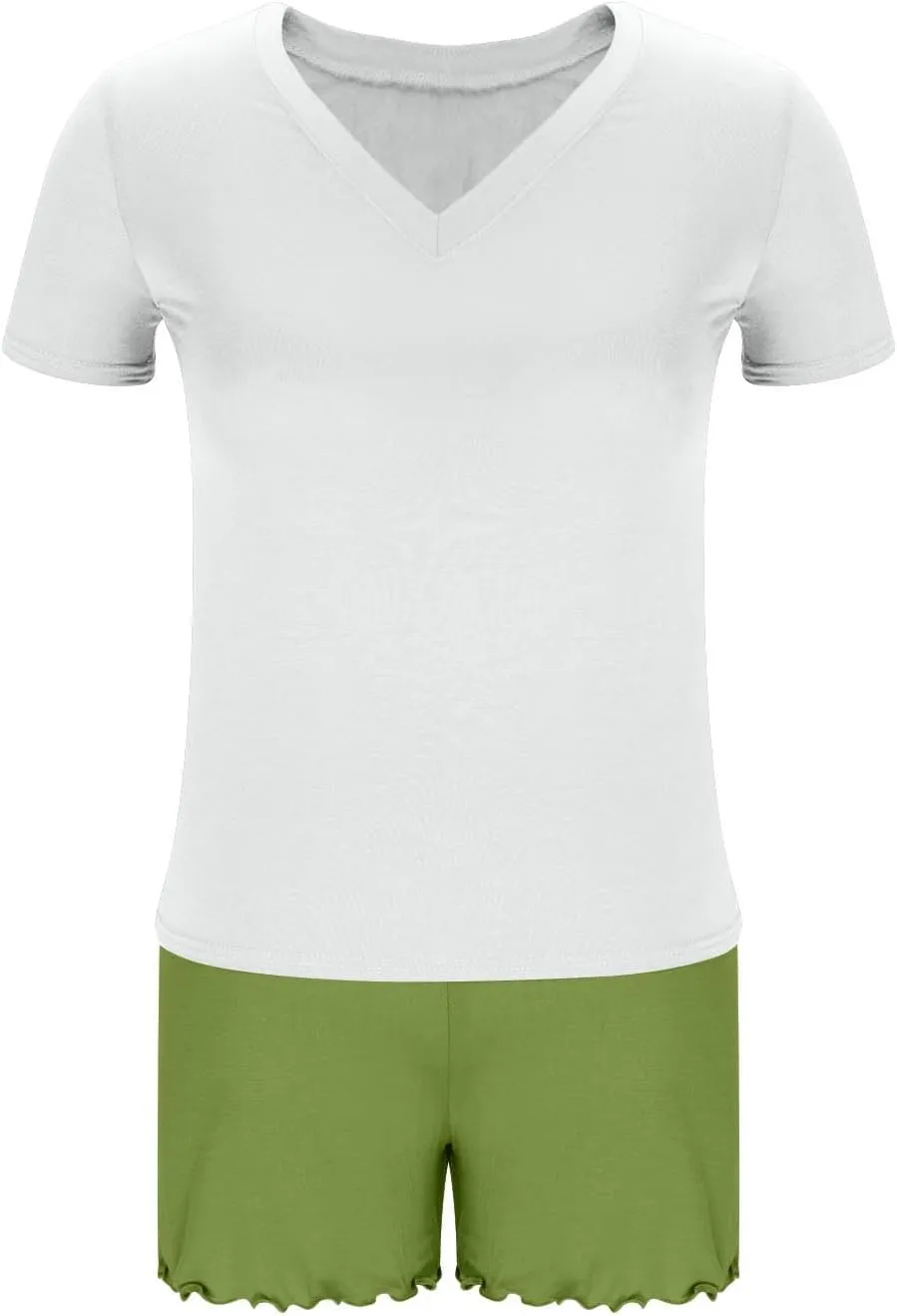 Women Lettuce Trim Shorts Pajamas Set Modal Cotton 2 Piece Sleepwear with Short Sleeve V Neck T-Shirt Comfy Homewear